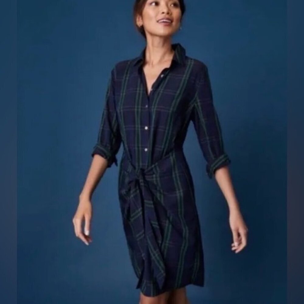 UNTUCKit for her Womens Devon Navy Blue Green Plaid Long Sleeve Shirt Dress 6